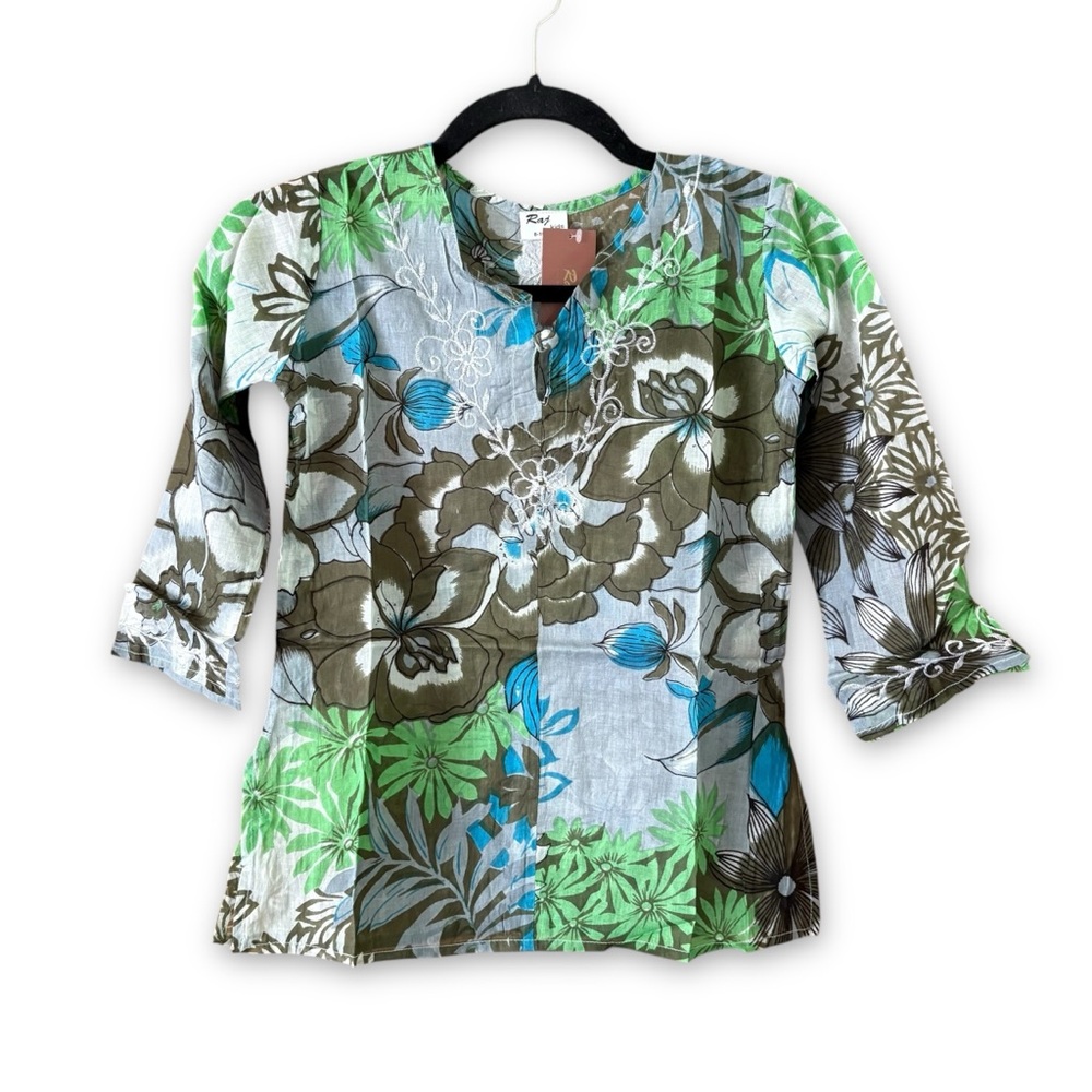 Raj Blue Green Brown Floral Boho Top Embroidered NWT Kids Size 8-10 Years